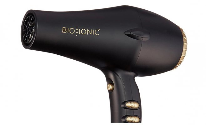 bio ionic black hair dryer white background
